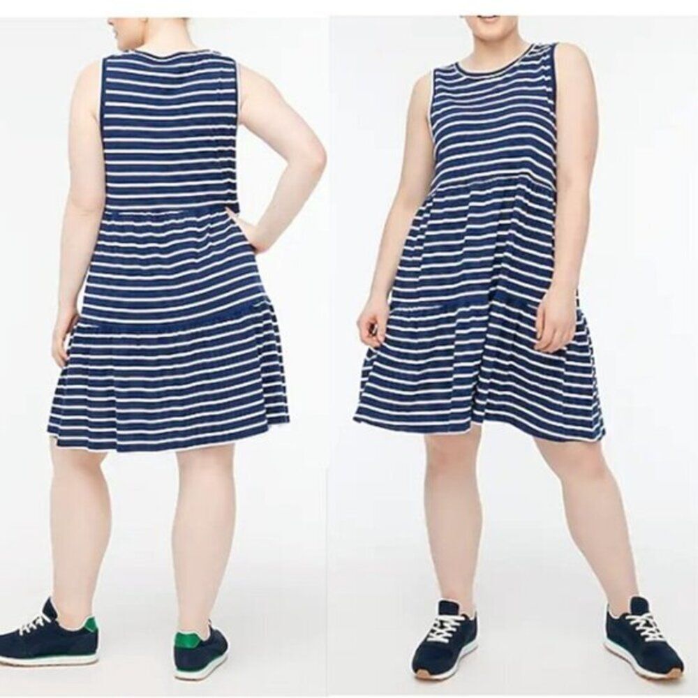 J CREW Women's Striped‎ Knit Tiered Cotton Mini Dress Trendy Beach Blue